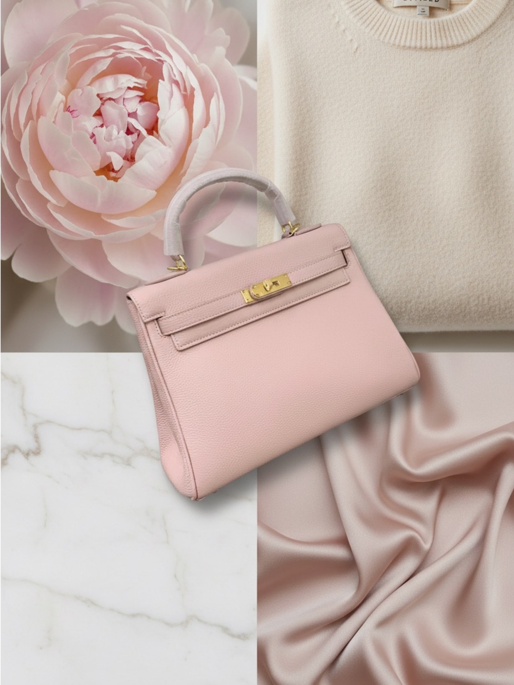 Structured Top-Handle Satchel in Pale Pink with Gold Hardware